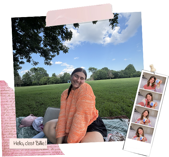 Collage scrapbook de Billie : photo dans le parc, photomaton et étiquette Hello, c’est Billie !